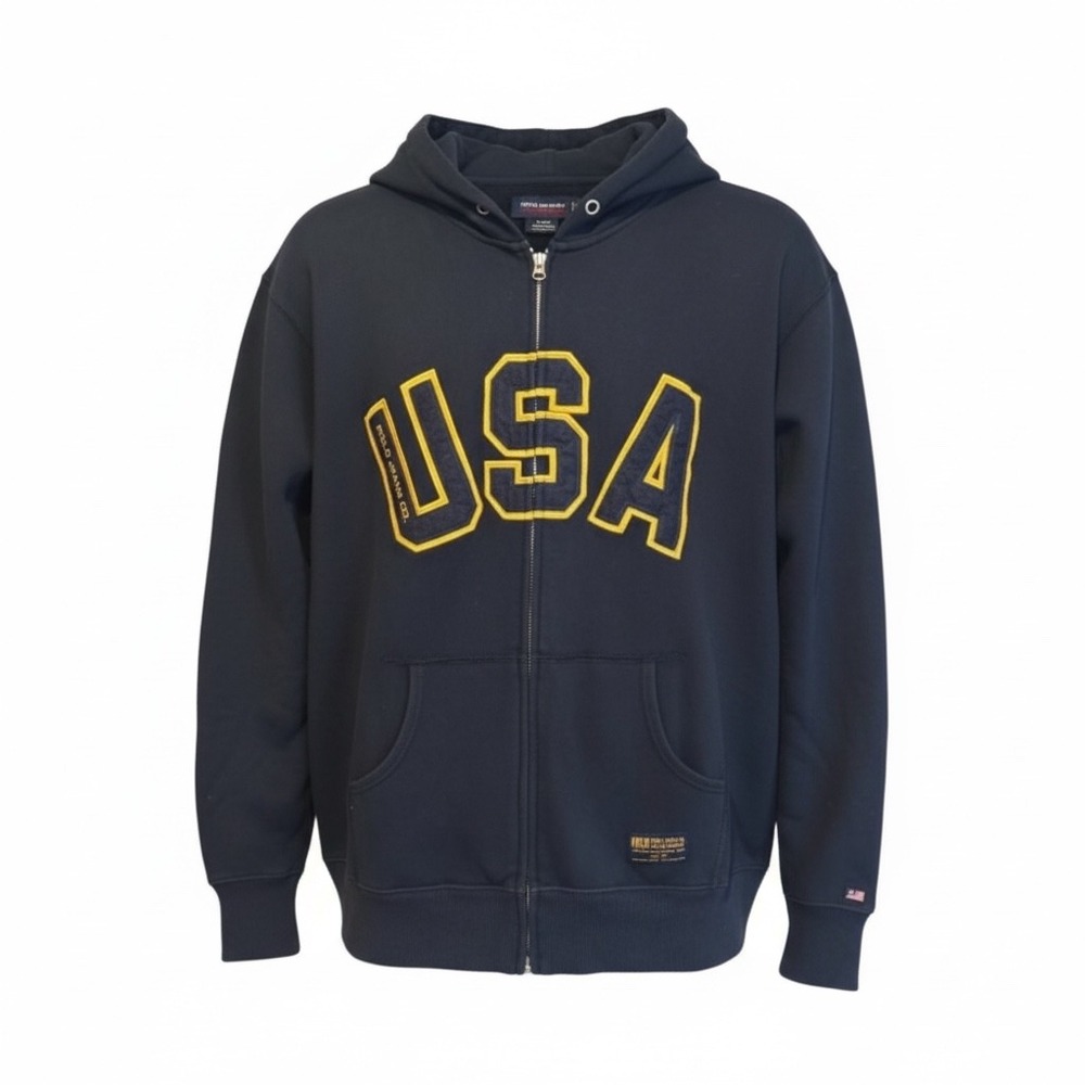 Polo Jeans Co Ralph‎ Lauren USA Zip Up Hoodie Navy Blue Yellow XL RN67437